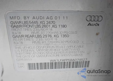 2011 Audi Q5 2.0T Premium из США, поврежденный, VIN WA1LFAFP5BA074527